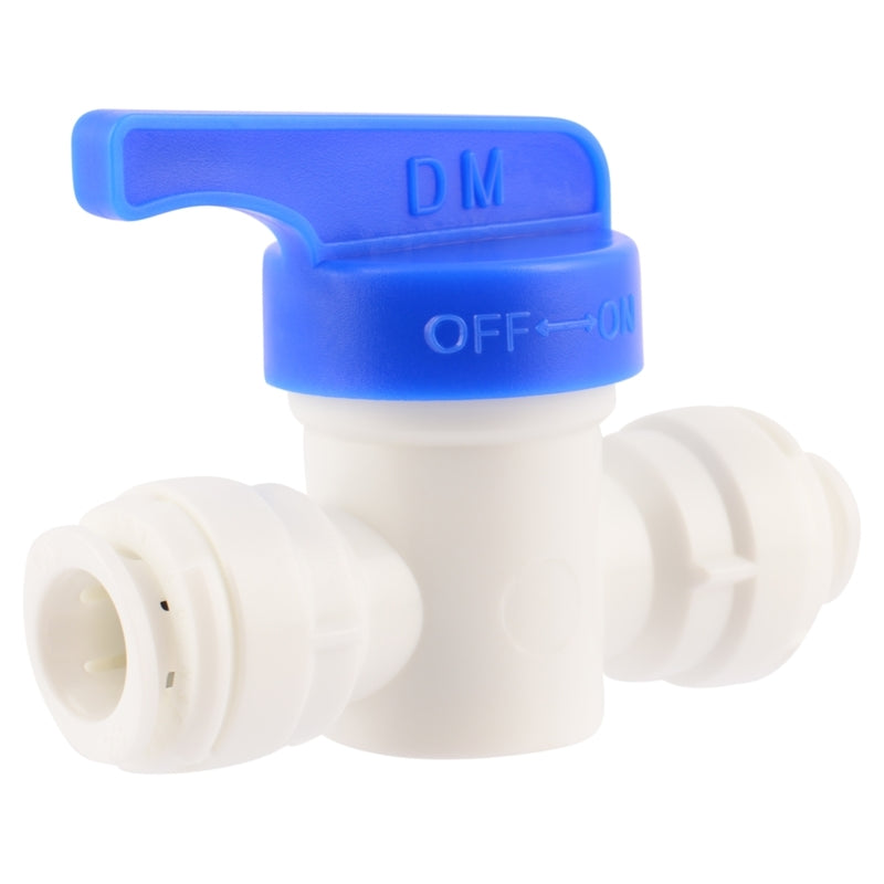 Emery Jensen plastic push shut-off valve 3/8x3/8 inch for plumbing applications, shown in a close-up image.