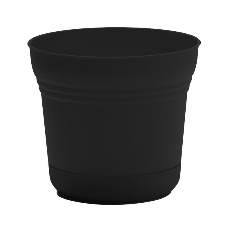 Black 12-inch Flowerpot Saturn by Emery Jensen, made of plastic resin and foam, with a modern round design.