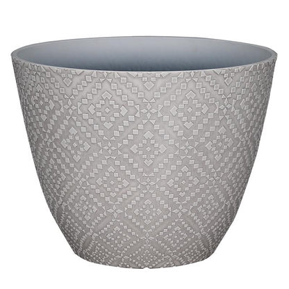 Cream Dylan planter by Emery Jensen, 15-inch plastic resin and foam planter with a smooth finish and modern design.