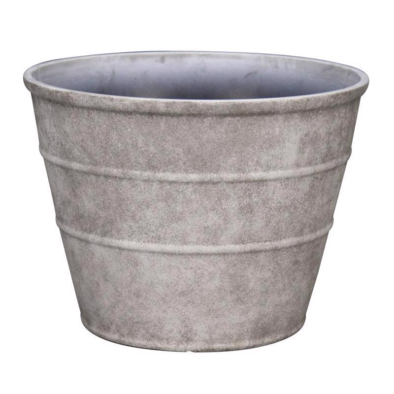16-inch Emery Jensen planter made of plastic resin and foam with a stone finish, designed for indoor or outdoor use.