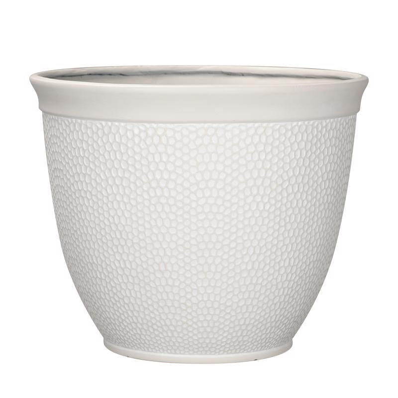 White 16-inch plastic resin and foam planter by Emery Jensen, suitable for indoor or outdoor plant display.