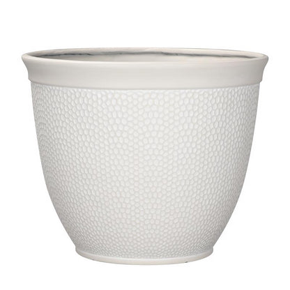 White 16-inch plastic resin and foam planter by Emery Jensen, suitable for indoor or outdoor plant display.