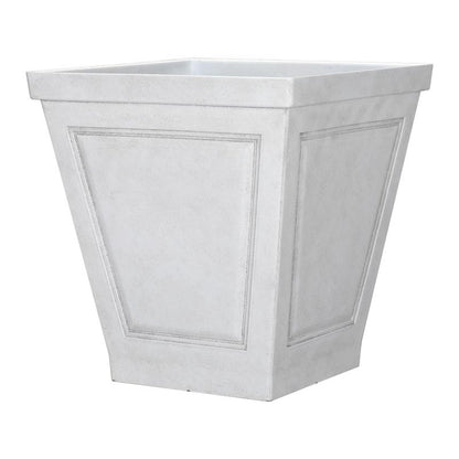 White square 16-inch planter made of plastic resin and foam by Emery Jensen, suitable for indoor or outdoor plants.