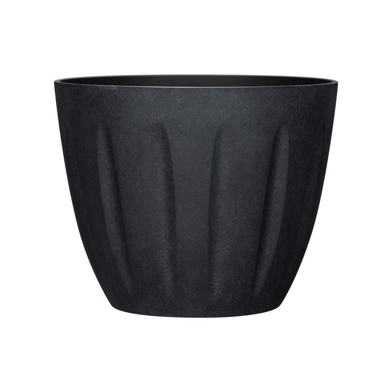 Round black plastic resin and foam planter from Emery Jensen, 12-inch size, suitable for indoor or outdoor plants.