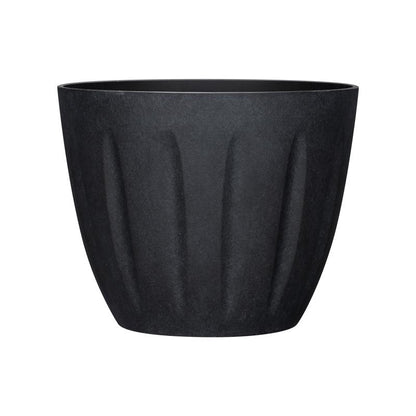 Round black plastic resin and foam planter from Emery Jensen, 12-inch size, suitable for indoor or outdoor plants.