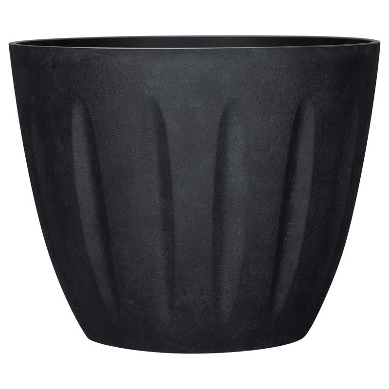Round black plastic resin foam planter from Emery Jensen, 16-inch size, suitable for plants and decorative use.