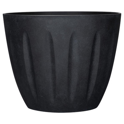 Round black plastic resin foam planter from Emery Jensen, 16-inch size, suitable for plants and decorative use.