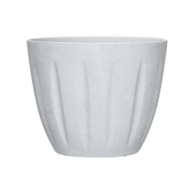 White 12-inch plastic resin and foam planter by Emery Jensen, with a modern design suitable for indoor or outdoor use.