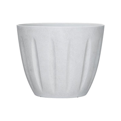 White 12-inch plastic resin and foam planter by Emery Jensen, with a modern design suitable for indoor or outdoor use.