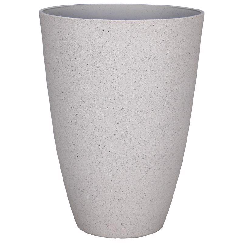 White 16-inch tall plastic resin and foam planter from Emery Jensen, featuring a sleek, modern design for indoor or outdoor use.