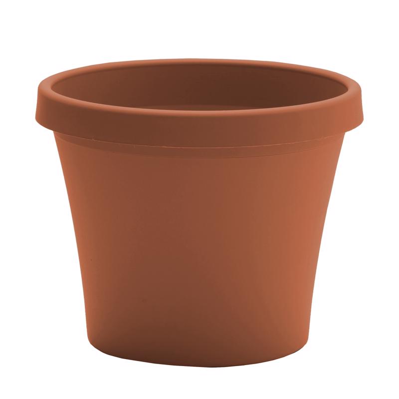 Emery Jensen 14-inch plastic resin and foam terrarium pot with a textured surface and drainage holes.