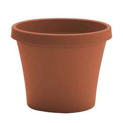 Emery Jensen 8-inch terracotta-style planter made of plastic resin and foam, featuring a textured surface and rounded shape.