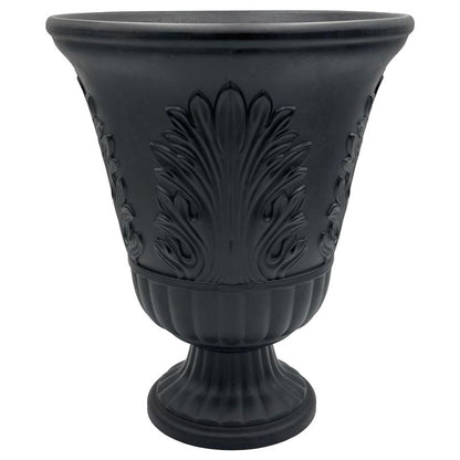 Black plastic resin and foam urn planter, 16-inch size by Emery Jensen with modern design for outdoor or indoor use.