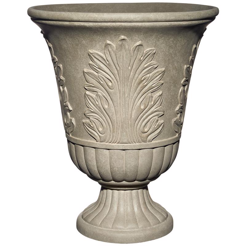 Plastic resin and foam urn planter in a 16-inch size by Emery Jensen, with a decorative, textured surface.