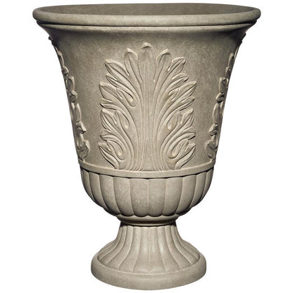Plastic resin and foam urn planter in a 16-inch size by Emery Jensen, with a decorative, textured surface.