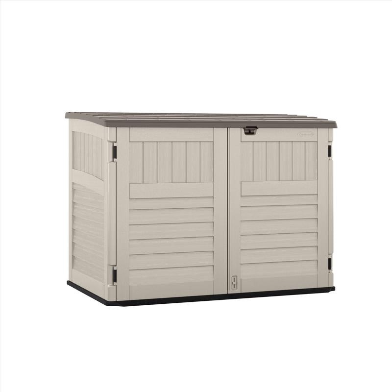 Emery Jensen plastic shed with horizontal design, 70 cu ft storage capacity, showcasing durable outdoor storage solution.