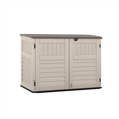 Emery Jensen plastic shed with horizontal design, 70 cu ft storage capacity, showcasing durable outdoor storage solution.