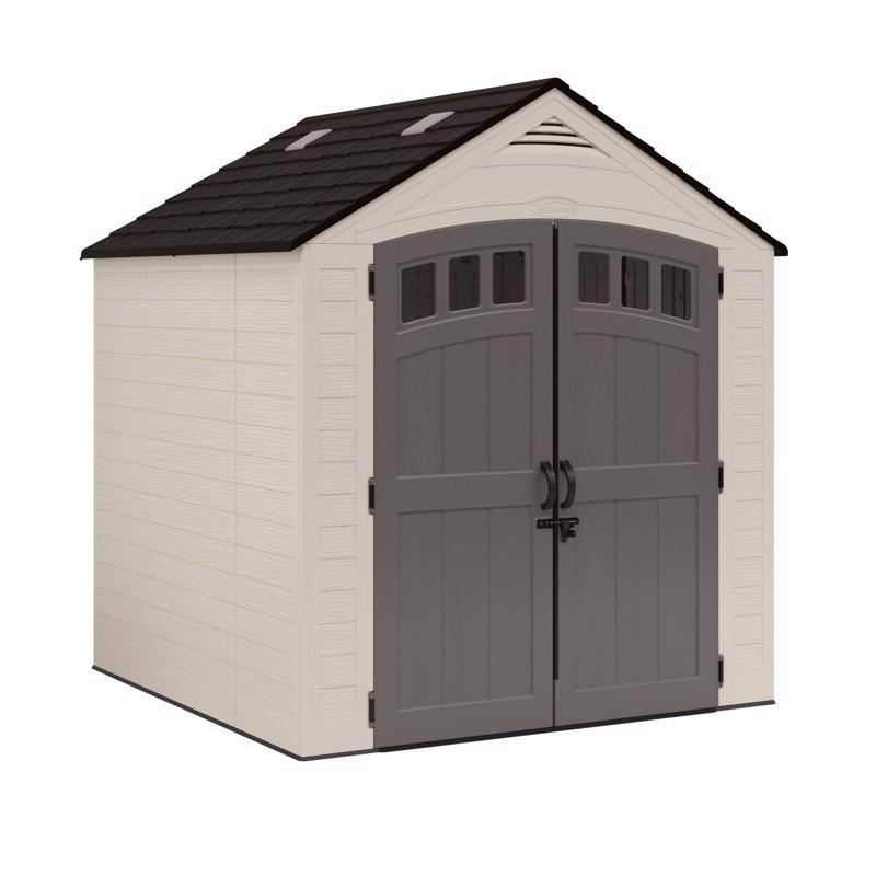 Plastic shed by Emery Jensen, Cloverdale 7x7' model, featuring a durable white structure with a gable roof and double doors.