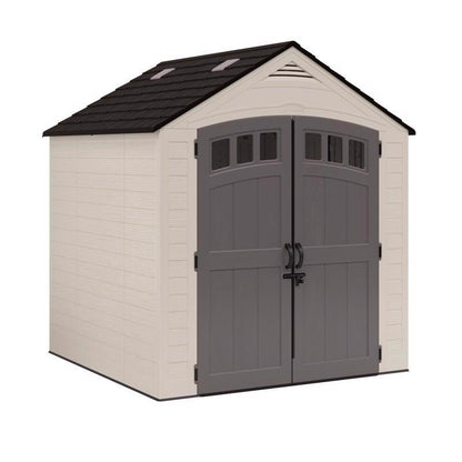 Plastic shed by Emery Jensen, Cloverdale 7x7' model, featuring a durable white structure with a gable roof and double doors.
