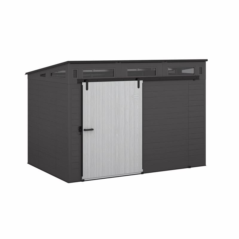 Emery Jensen plastic storage shed barn 7x10 feet with double doors and durable construction for outdoor storage.
