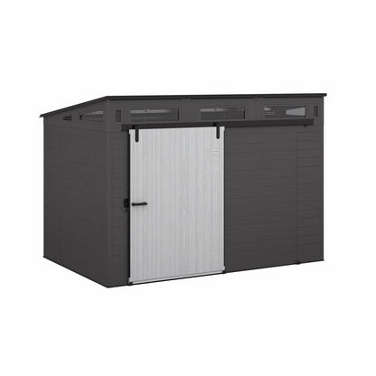 Emery Jensen plastic storage shed barn 7x10 feet with double doors and durable construction for outdoor storage.