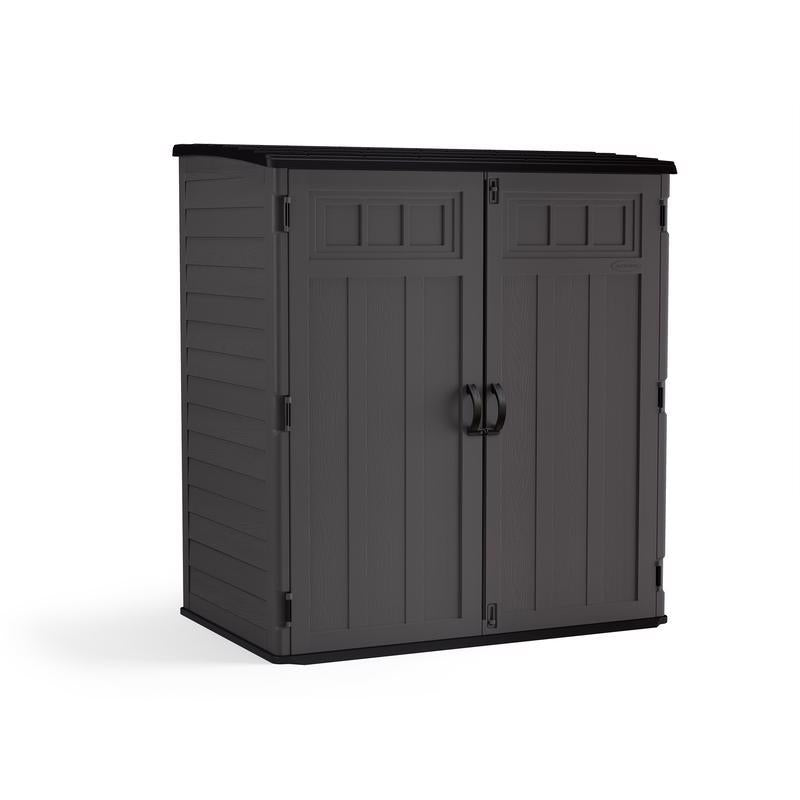 Plastic storage shed by Emery Jensen, vertical 5x3 feet, with a durable design and secure door for garden or backyard storage.