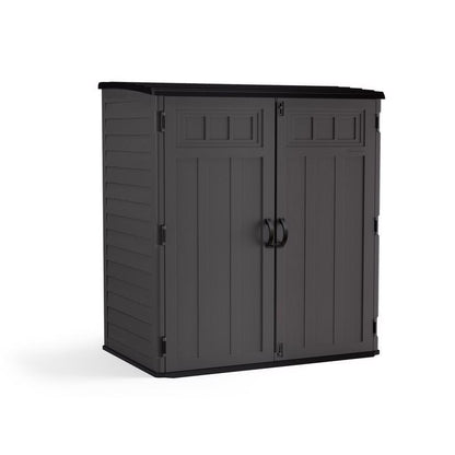 Plastic storage shed by Emery Jensen, vertical 5x3 feet, with a durable design and secure door for garden or backyard storage.