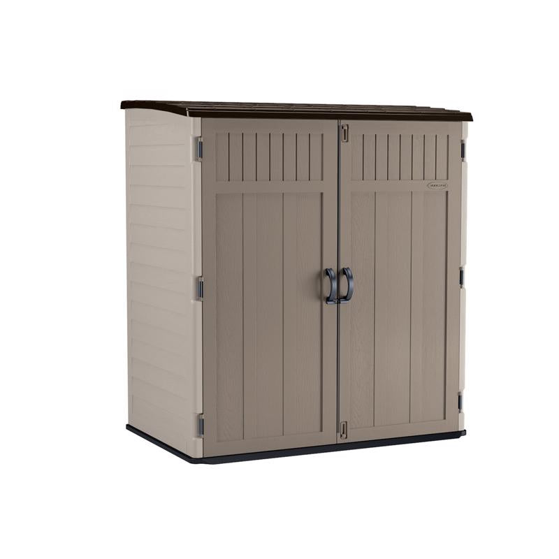 Emery Jensen plastic storage shed vertical design in gray, measuring 6.23 feet, with a sloped roof and double doors for outdoor storage