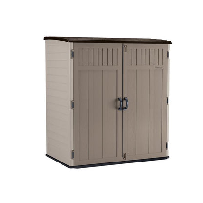 Emery Jensen plastic storage shed vertical design in gray, measuring 6.23 feet, with a sloped roof and double doors for outdoor storage
