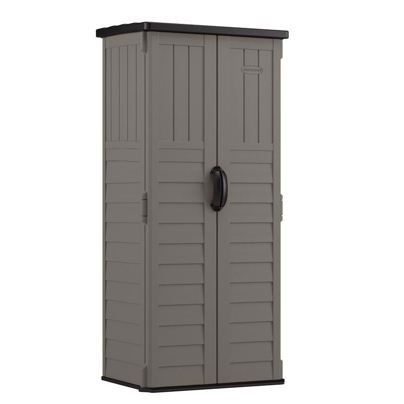 Emery Jensen vertical plastic shed with 22 cubic feet capacity, sturdy design, and weather-resistant construction.