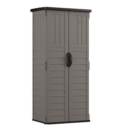 Emery Jensen vertical plastic shed with 22 cubic feet capacity, sturdy design, and weather-resistant construction.