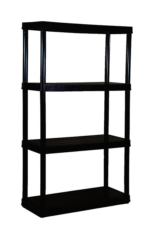Black Emery Jensen plastic shelving unit with four medium-duty shelves, ideal for organizing storage spaces.