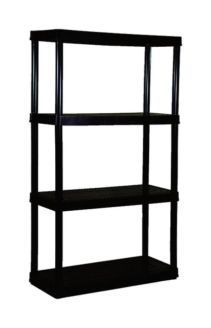 Black Emery Jensen plastic shelving unit with four medium-duty shelves, ideal for organizing storage spaces.