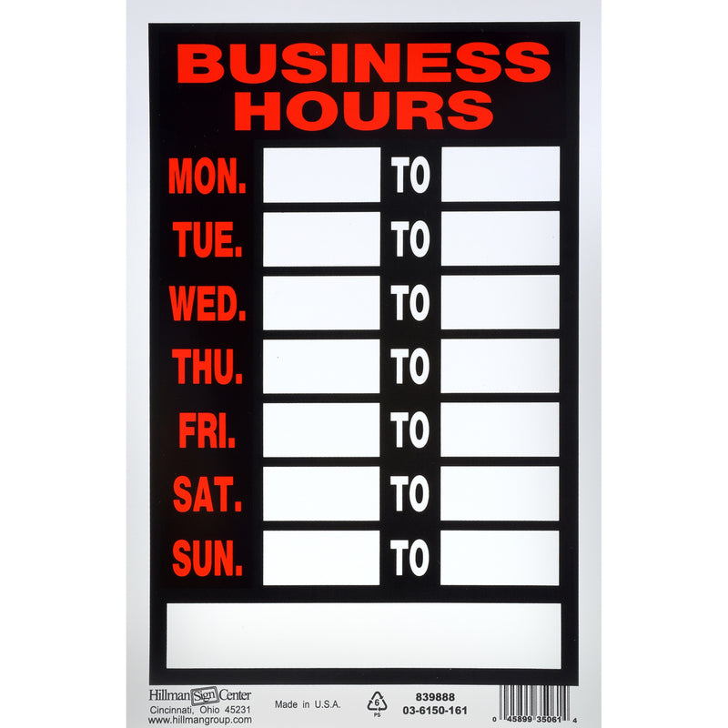 BUSINESS HOUR SIGN 12X8" - Pack of 6