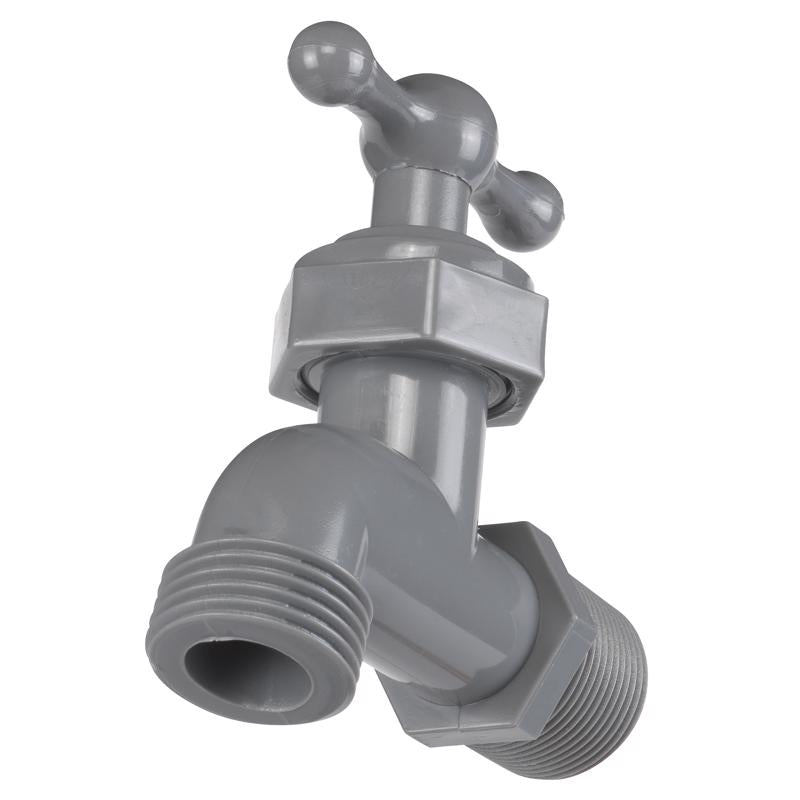 Plastic hose bibb by Emery Jensen with 3/4 inch MIP to MHT connection, featuring a durable, weather-resistant outdoor water faucet.