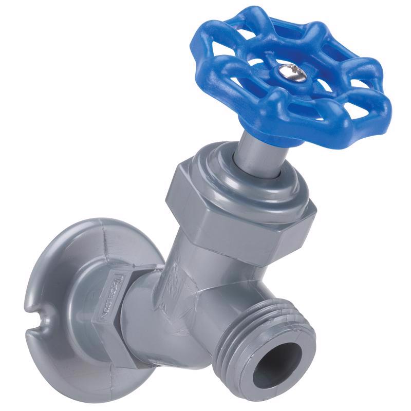 Plastic sillcock flange valve 1/2 inch from Emery Jensen, showing the flange and connection end for outdoor faucet installation.