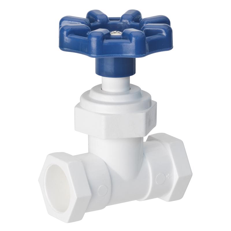 Plastic PVC stop valve 1/2 inch by 1/2 inch by Emery Jensen, showing the valve with a handle and pipe connections.