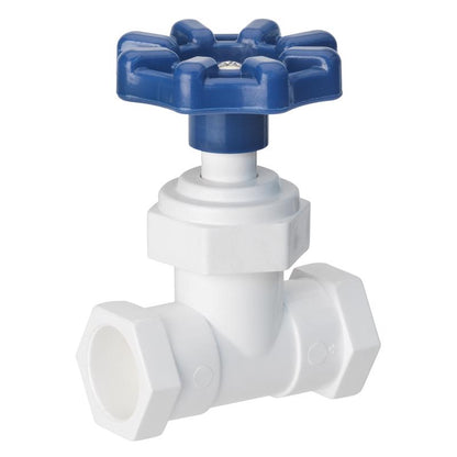 Plastic PVC stop valve 1/2 inch by 1/2 inch by Emery Jensen, showing the valve with a handle and pipe connections.