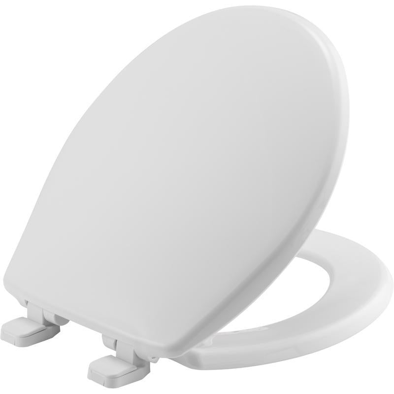 Round white plastic toilet seat by Emery Jensen, featuring smooth surface and durable design.