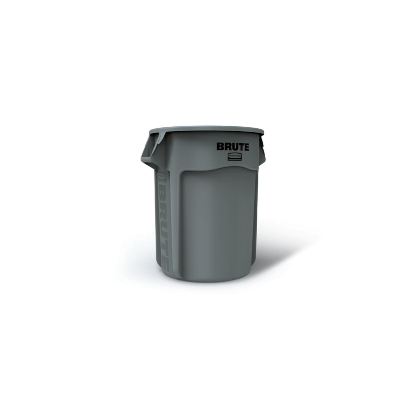 Gray 55-gallon plastic trash can by Emery Jensen, durable outdoor garbage container with secure lid and sturdy design.