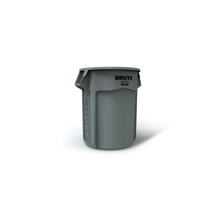 Gray 55-gallon plastic trash can by Emery Jensen, durable outdoor garbage container with secure lid and sturdy design.