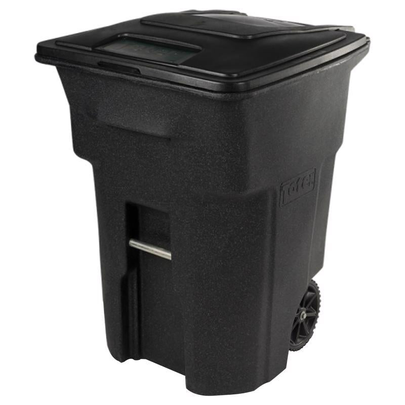 Black plastic garbage can with a 48-gallon capacity, made by Emery Jensen, shown in a clean, outdoor setting.
