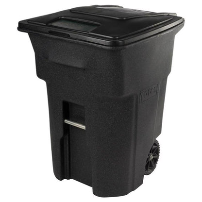 Black plastic garbage can with a 48-gallon capacity, made by Emery Jensen, shown in a clean, outdoor setting.