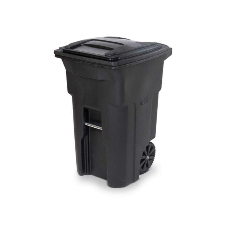 Black Emery Jensen plastic trash can with 64-gallon capacity, durable and suitable for waste disposal.