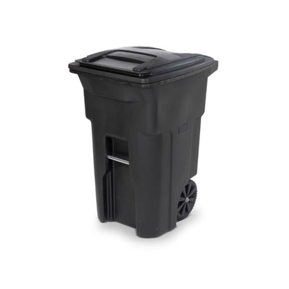 Black Emery Jensen plastic trash can with 64-gallon capacity, durable and suitable for waste disposal.