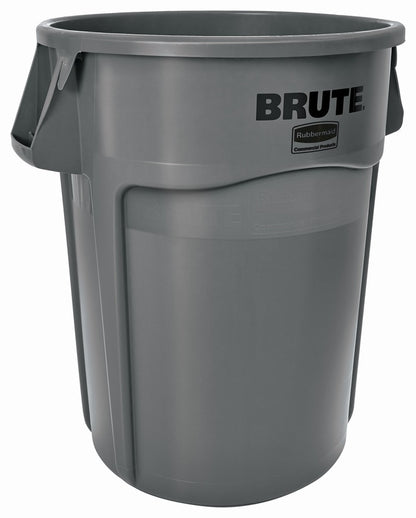 Emery Jensen 44-gallon plastic trash can Brute with gray color, durable outdoor waste container, sturdy design for heavy-duty use