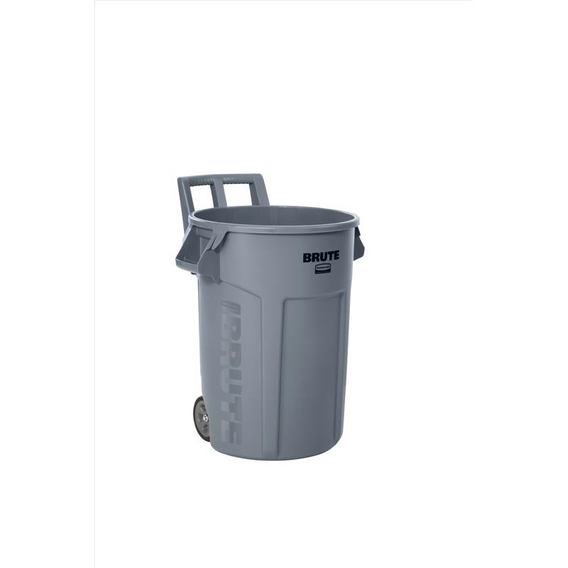 Gray round plastic trash can by Emery Jensen, 32-gallon capacity, durable waste bin for indoor or outdoor use.
