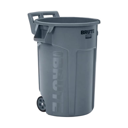 Gray Emery Jensen plastic trash can with round shape and 44-gallon capacity, designed for durable waste disposal.