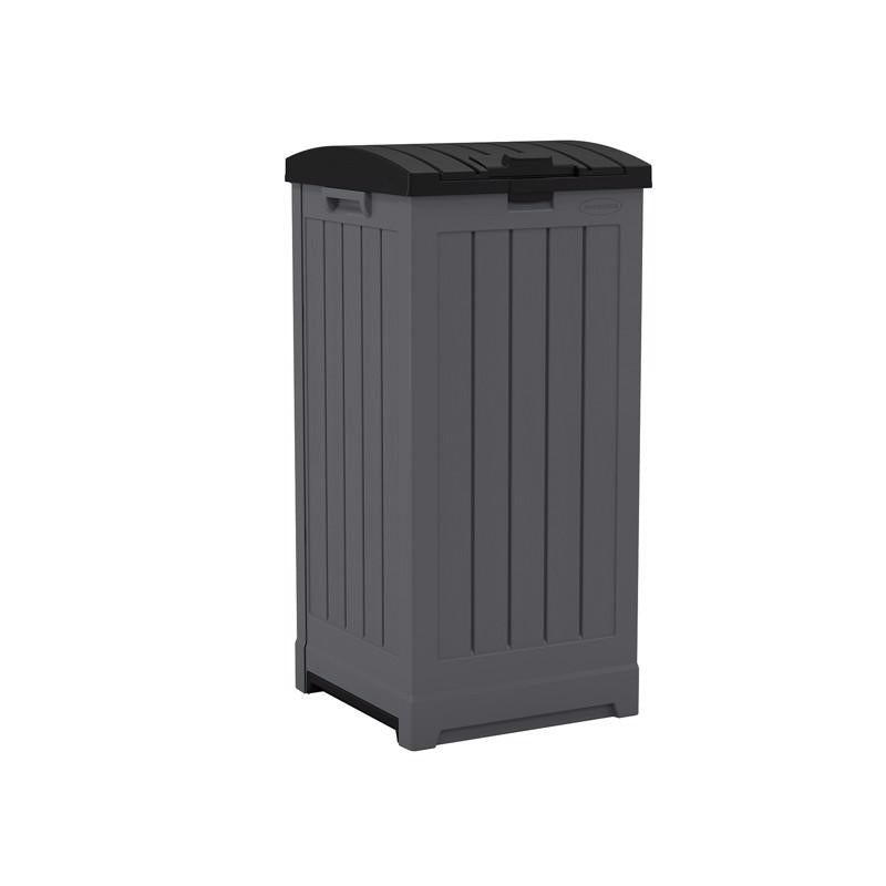 Gray Emery Jensen Trash Hideaway 39-gallon plastic trash can with a sleek design and secure lid.