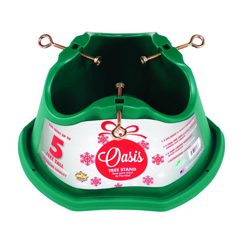 Emery Jensen Oasis 5ft plastic tree stand for Christmas trees, with secure base and adjustable fittings for stability.
